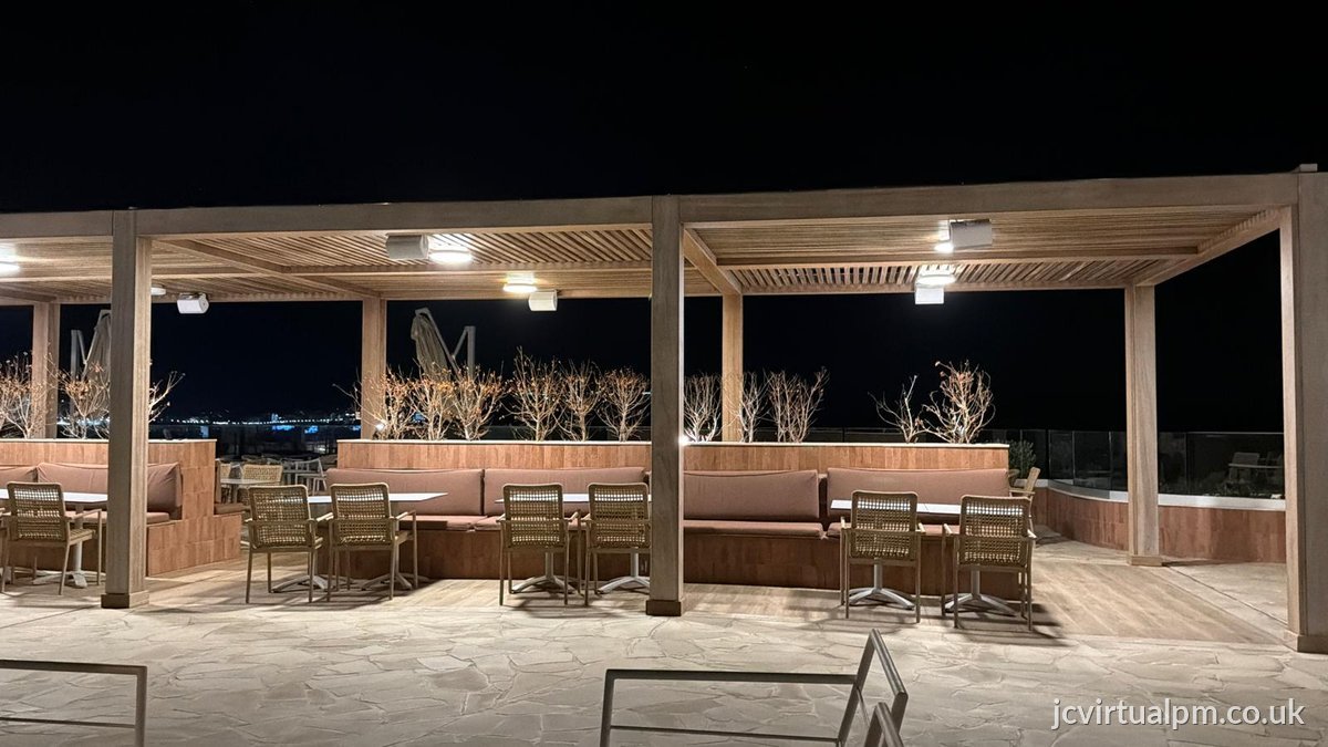 outdoor restaurant terrace pergola night